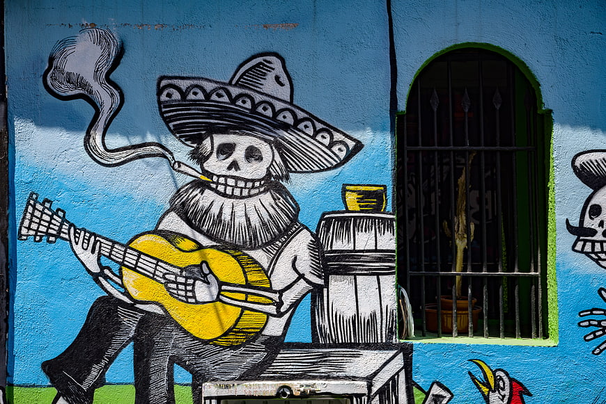 Mexican Day of the Dead Skeleton Mural on Blue Wall