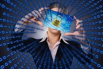 Businessman holding digital padlock with binary code background