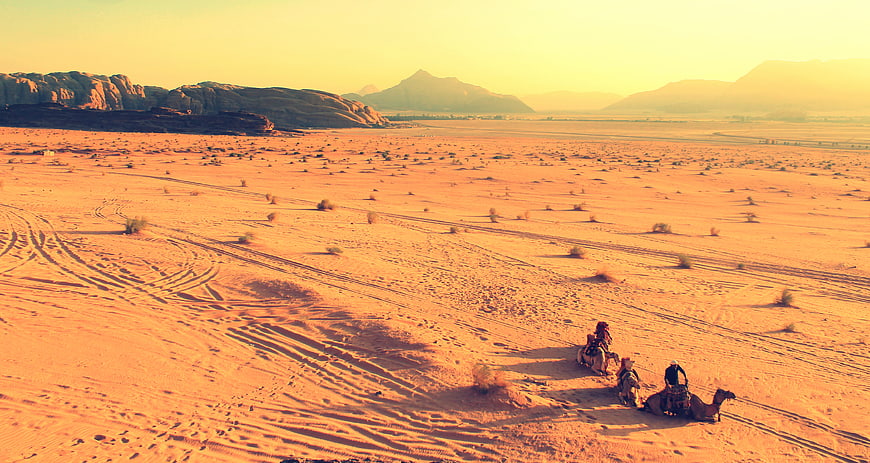 Camel caravan trekking across vast desert landscape at golden hour