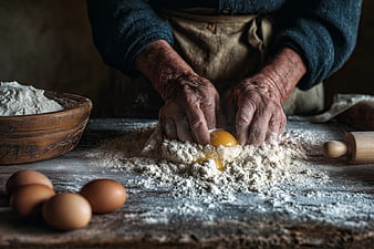 Rustic hands kneading dough with eggs and flour
