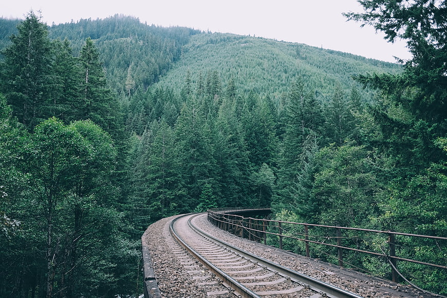 Curved railway tracks winding through dense green forest mountains