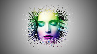 Abstract digital art of a woman's face dissolving into colorful particles