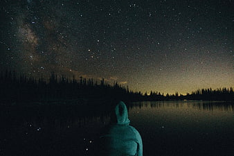 Lone Figure in Hoodie Gazing at Milky Way Over Lake