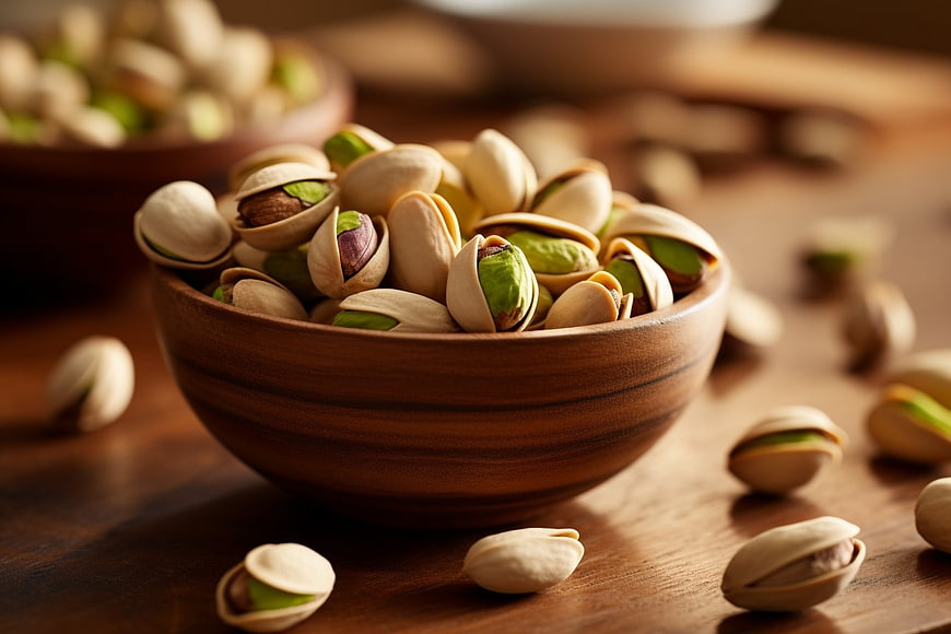 Shelled Pistachios in a Wooden Bowl on a Table