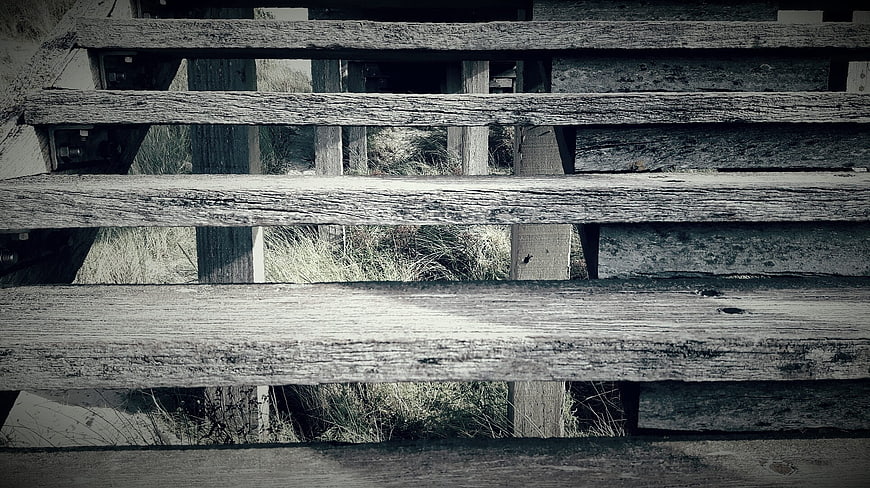 Weathered Wooden Boardwalk Planks with Grass Background