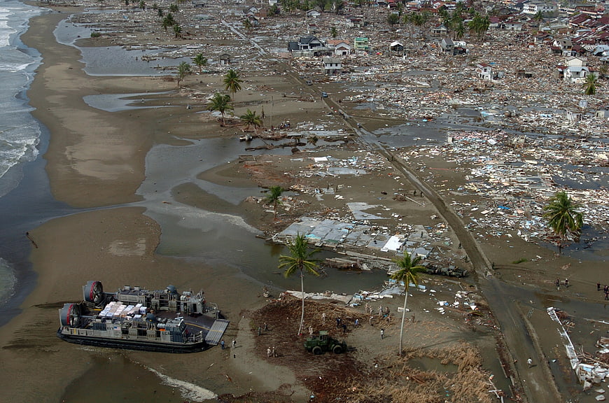 Aerial View of Tsunami Destruction and Military Relief Efforts in Thailand