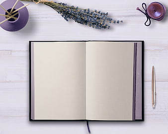 Open blank notebook with lavender and purple accessories flat lay