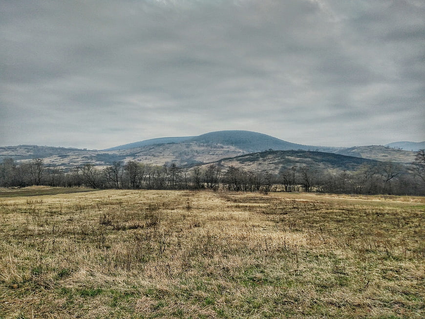 Overcast landscape with rolling hills and dry grass field