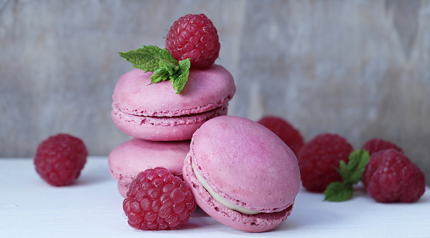 Pink Raspberry Macarons with Fresh Berries and Mint