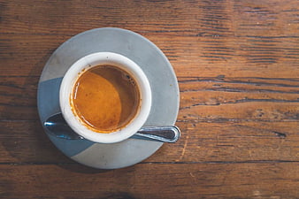 Top View of Espresso Coffee on Wooden Table