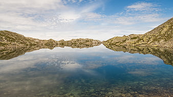 Serene mountain lake with perfect reflection in High Tauern, Austria