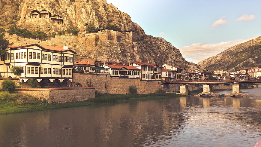 Historic Ottoman Houses and Bridge Along River in Old Town