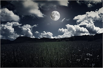 Full Moon Over Dark Meadow Landscape With Dramatic Clouds