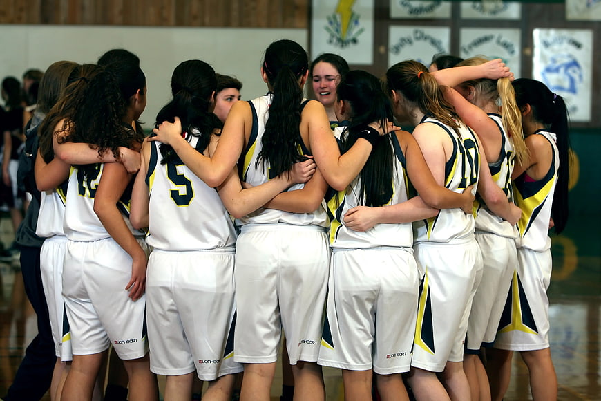 Girls Basketball Team Huddle in Gymnasium
