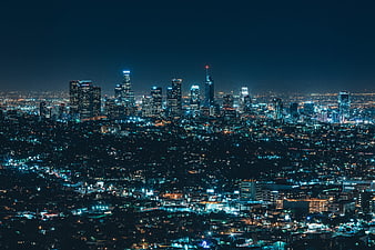 Los Angeles Skyline at Night with Blue Teal Lighting