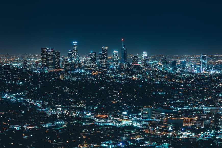 Los Angeles Skyline at Night with Blue Teal Lighting