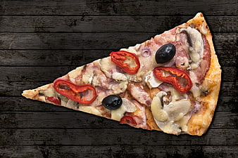 Delicious Pizza Slice with Ham, Mushrooms, and Olives on Dark Wood