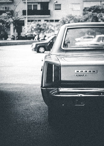Vintage Dodge Dart Rear View Black and White Film Photo