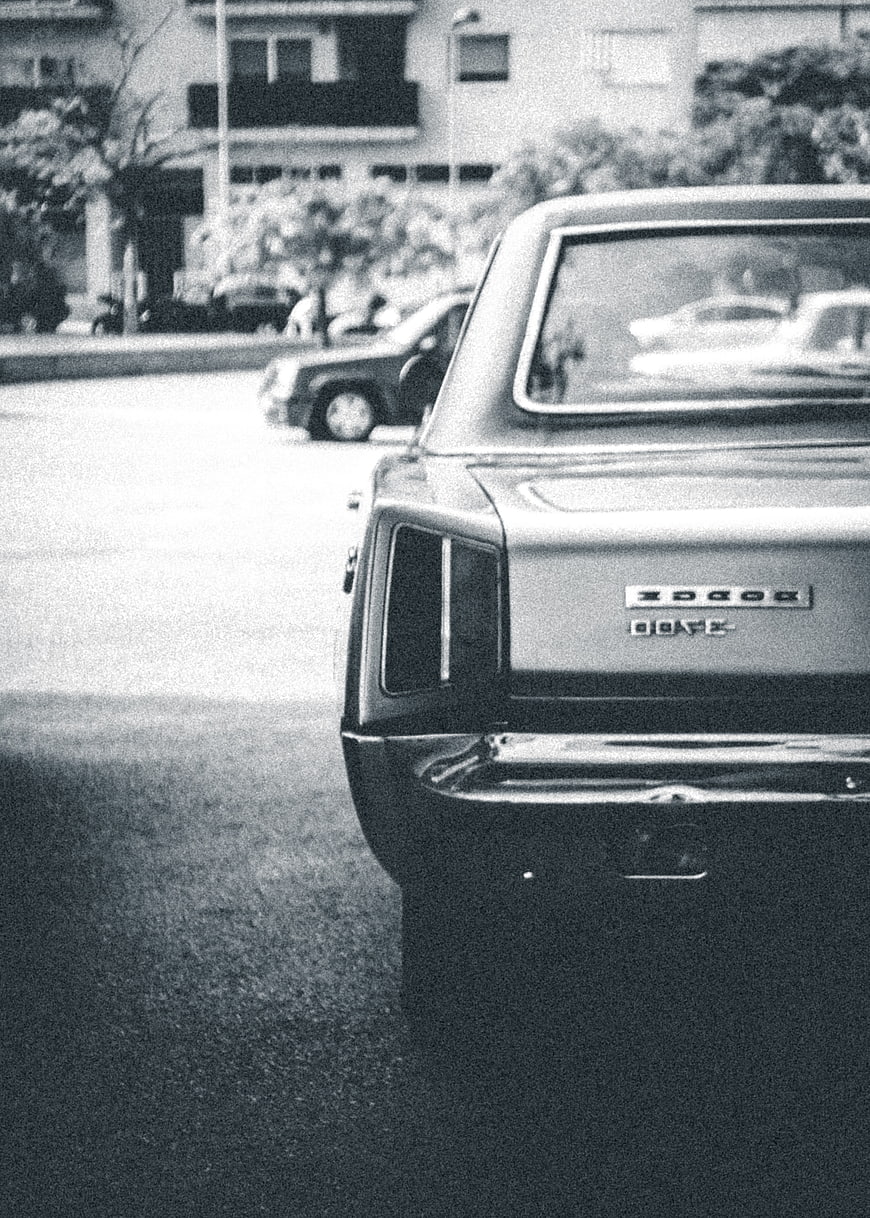 Vintage Dodge Dart Rear View Black and White Film Photo