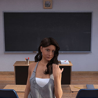 3D Rendered Female Teacher Standing In Classroom With Blackboard