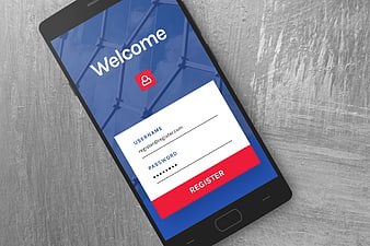 Smartphone displaying user registration login screen on concrete