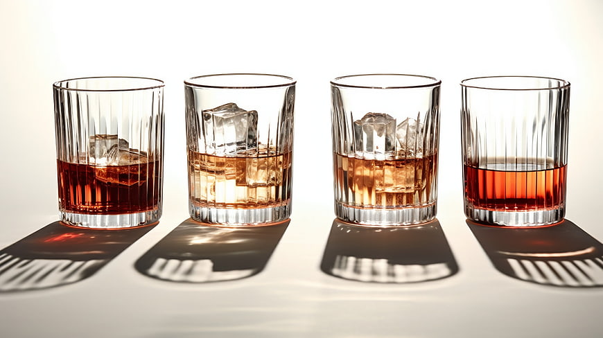 Four glasses of whiskey with ice on white background