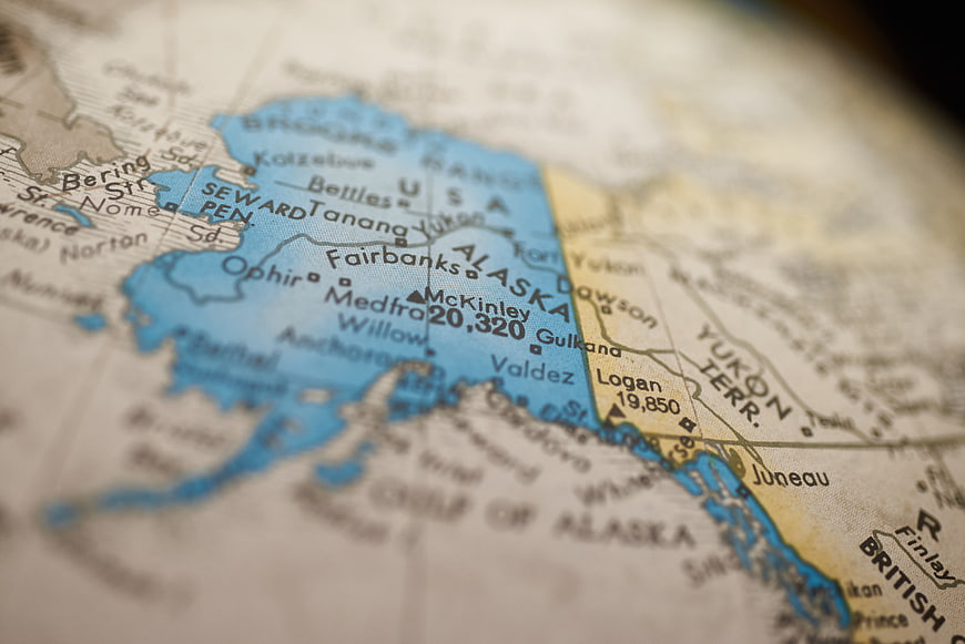 Close-up of Alaska map with shallow depth of field