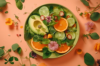Top View Avocado Salad with Oranges and Herbs on Peach Background