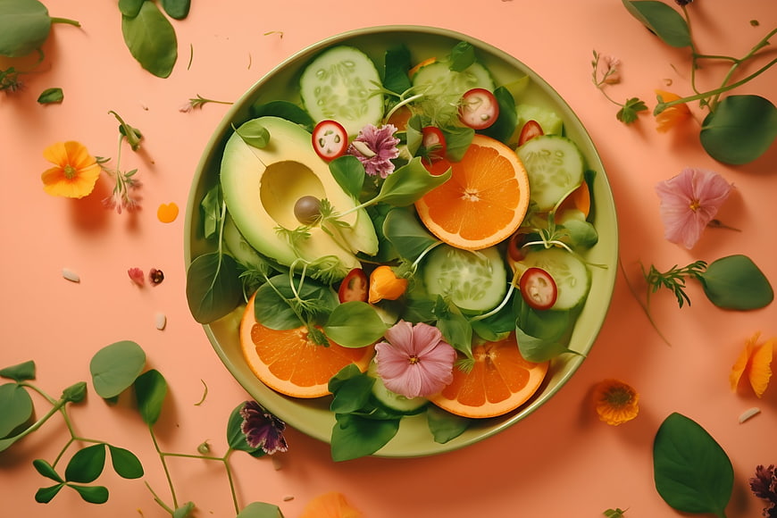 Top View Avocado Salad with Oranges and Herbs on Peach Background