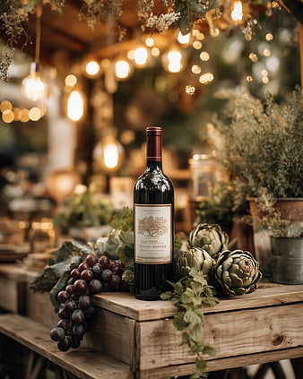 Rustic Red Wine Bottle with Grapes and Artichokes