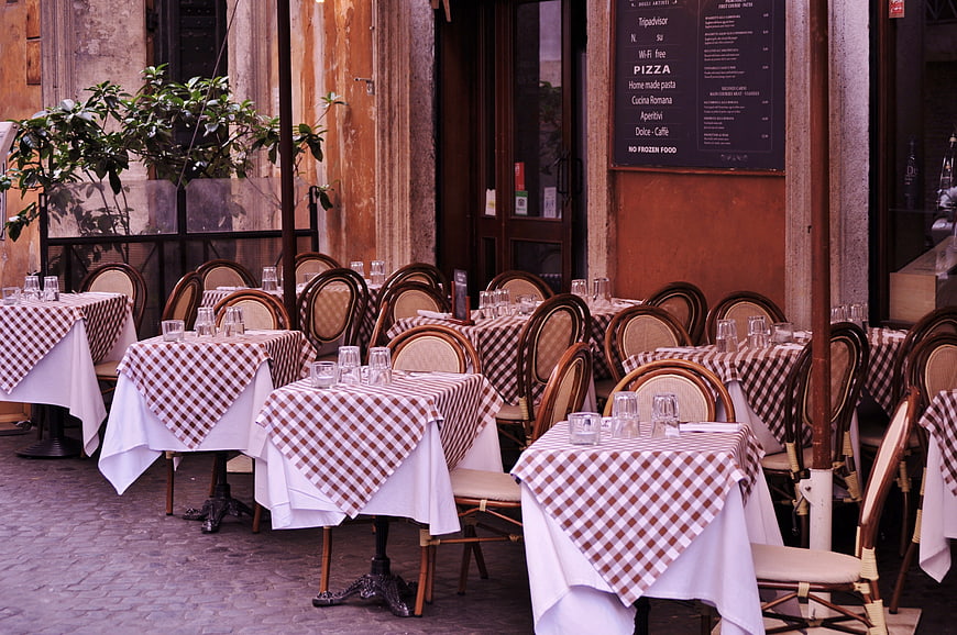 Empty Italian Restaurant Patio with Checkered Tablecloths