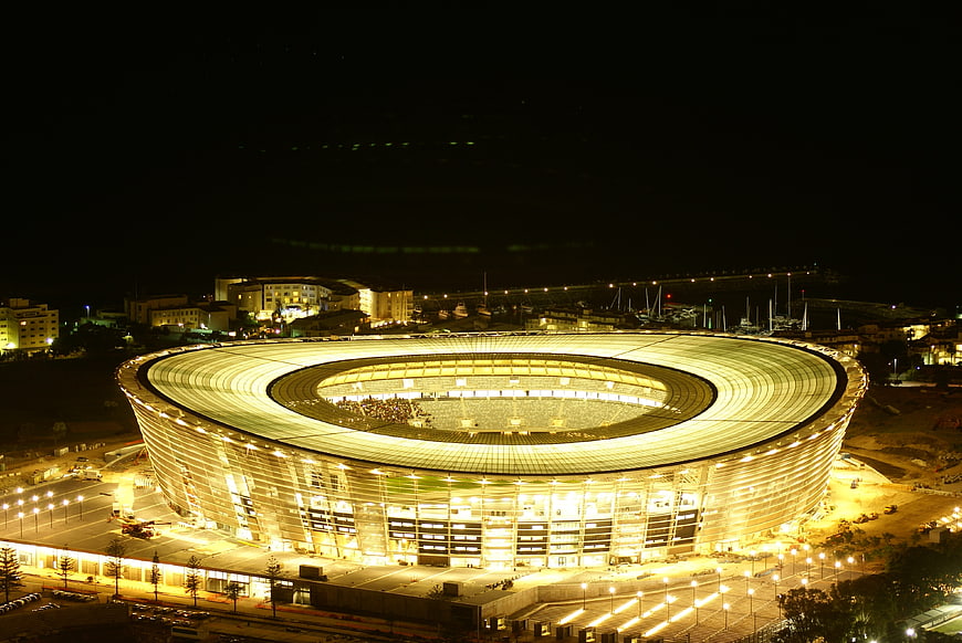 Aerial Night View of Cape Town Stadium Illuminated