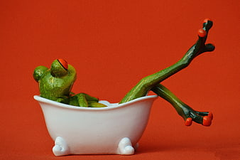 Funny Green Frog Figurine Relaxing in Miniature Bathtub