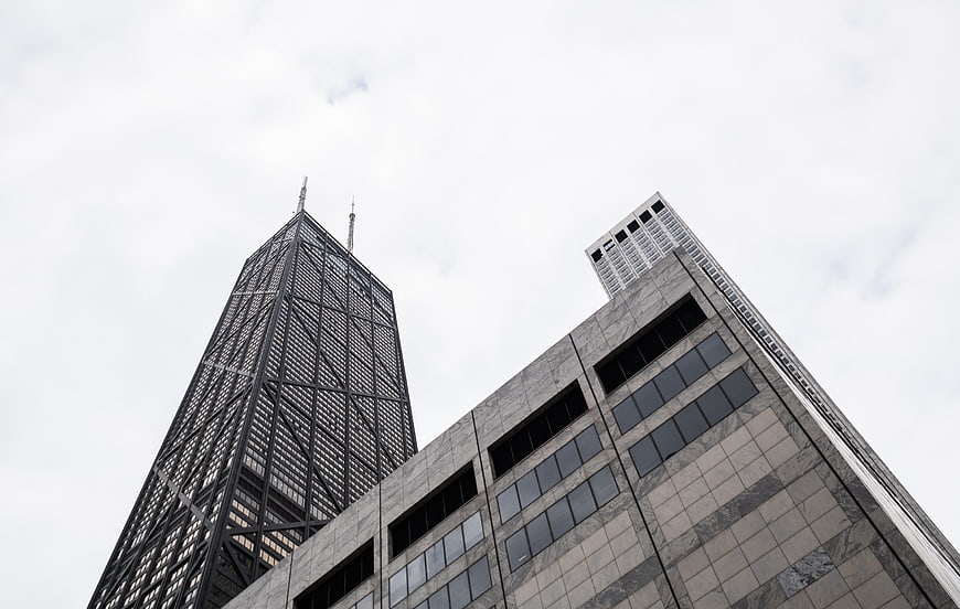 Low Angle View of Chicago Skyscrapers Against Cloudy Sky