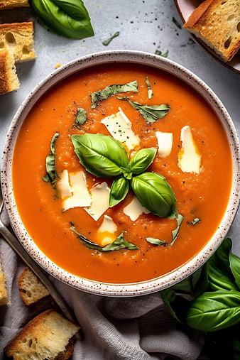 Overhead view of creamy tomato basil soup with bread