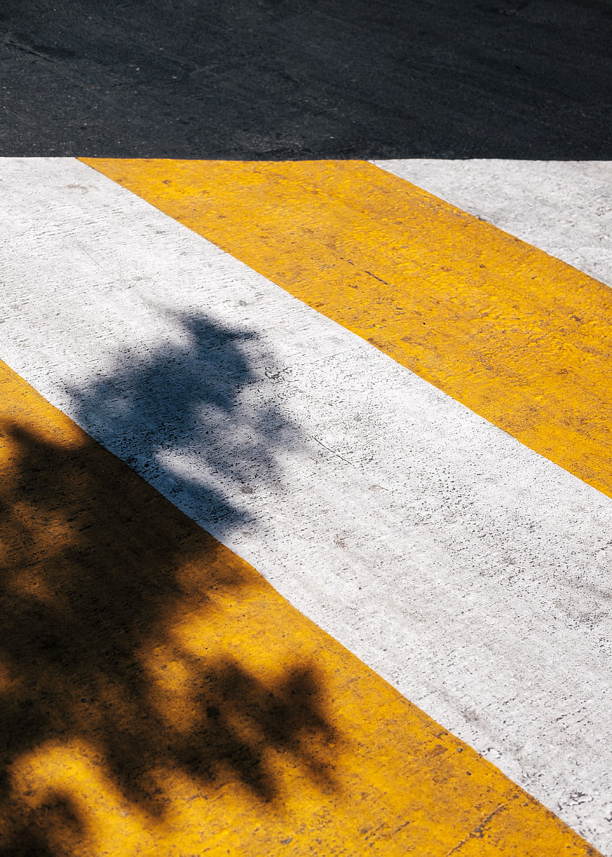 Yellow and White Diagonal Road Markings with Tree Shadows
