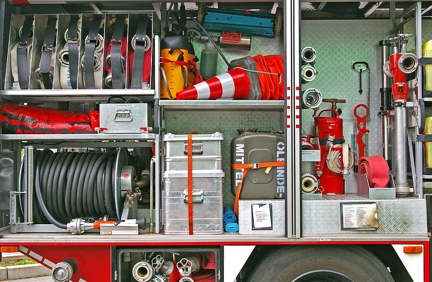 Fire Truck Equipment Compartment With Hoses And Tools