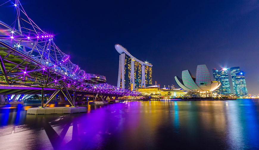 Singapore Marina Bay Sands and Helix Bridge Night Skyline