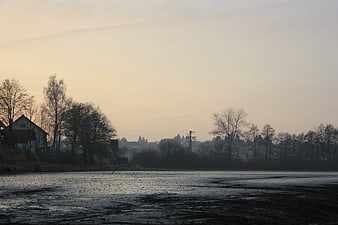 Silhouetted trees and house by a frozen lake at dusk