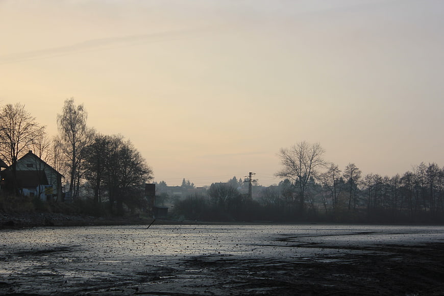 Silhouetted trees and house by a frozen lake at dusk
