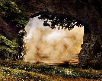 Mystical Cave Opening Framing Misty Lake and Wildflowers