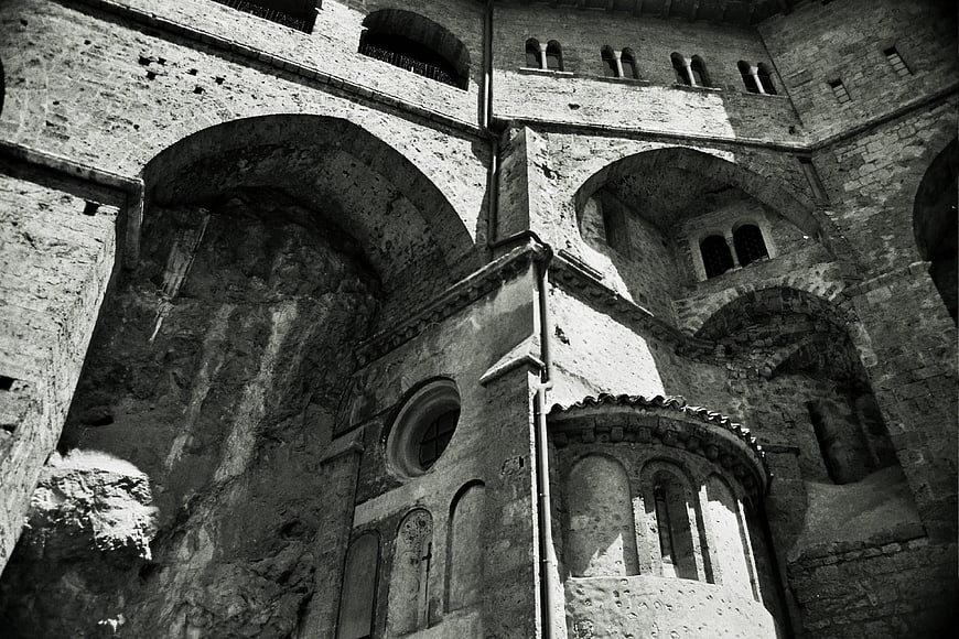 Dramatic Black and White Ancient Stone Architecture