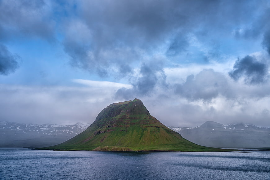 Kirkjufell Mountain Iceland Seascape with Dramatic Clouds