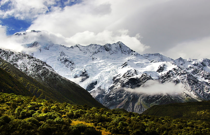 Majestic Snow-Capped Mountain Peak with Glaciers and Forest