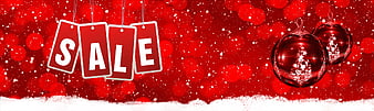 Red Christmas Sale Banner With Hanging Tags And Ornaments