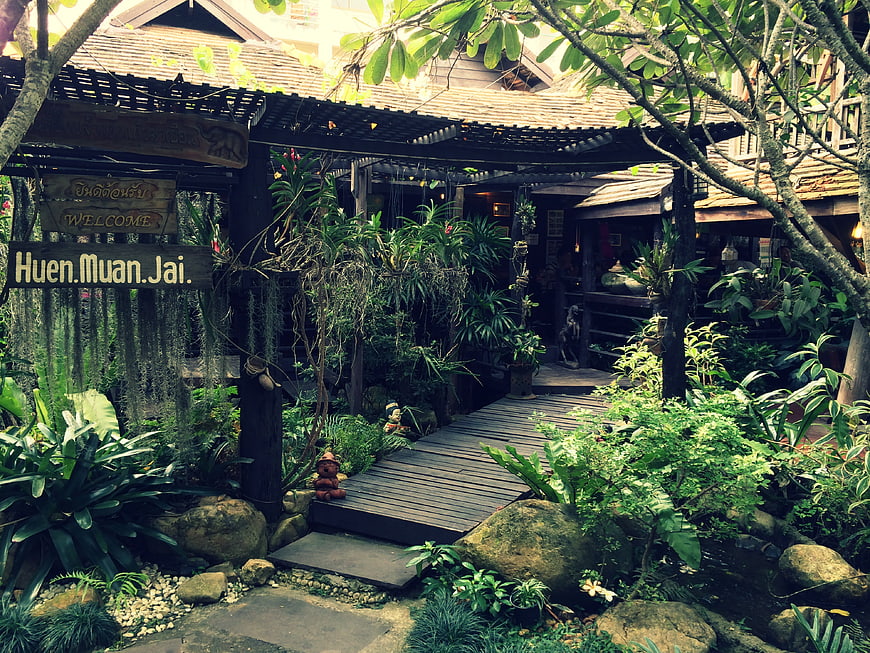 Tropical Garden Entrance with Wooden Walkway and Sign
