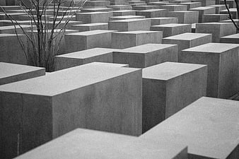 Black and white photo of concrete memorial blocks