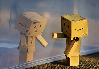 Cardboard Danbo Figure Looking at Reflection in Window