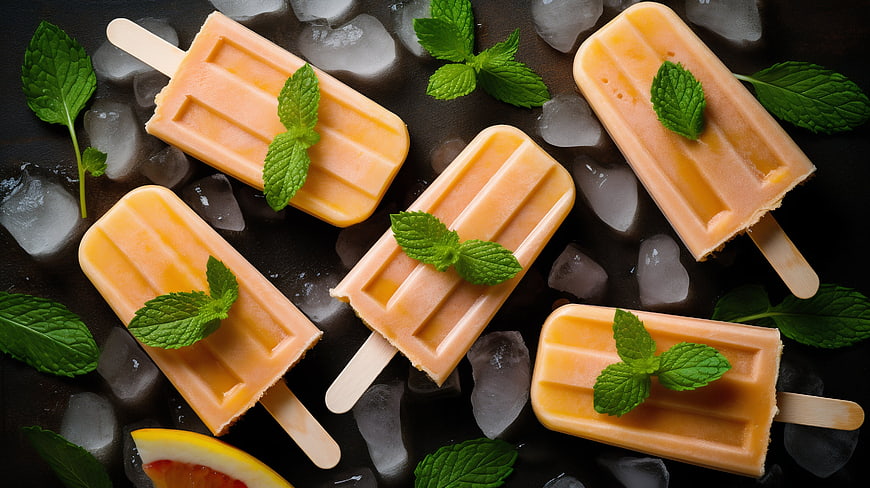 Refreshing Orange Popsicles with Mint and Ice Cubes