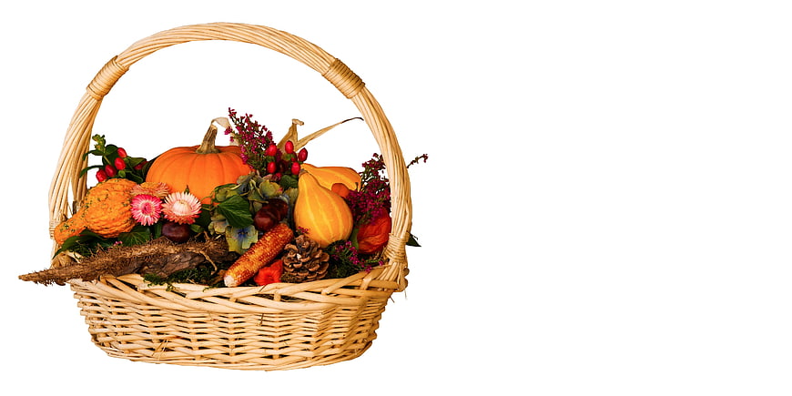 Autumn Harvest Basket with Pumpkins and Gourds on White